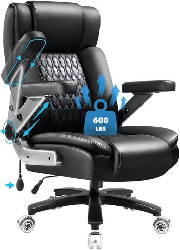 كرسي مكتب كبير وطويل بوزن 600 رطل بأذرع قلابة 5D، كراسي مكتب جلدية تنفيذية شديدة التحمل، كرسي مكتب مريح باللون الأسود مع دعم قطني قابل للتعديل ووسادة زنبركية للجيب، عجلة مطاطية مزدوجة in Kuwait