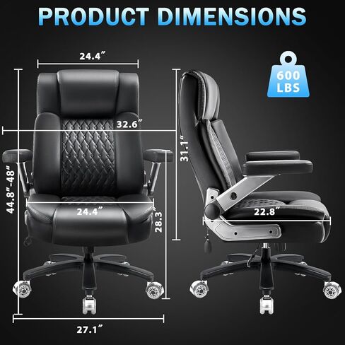 كرسي مكتب كبير وطويل بوزن 600 رطل بأذرع قلابة 5D، كراسي مكتب جلدية تنفيذية شديدة التحمل، كرسي مكتب مريح باللون الأسود مع دعم قطني قابل للتعديل ووسادة زنبركية للجيب، عجلة مطاطية مزدوجة in Kuwait