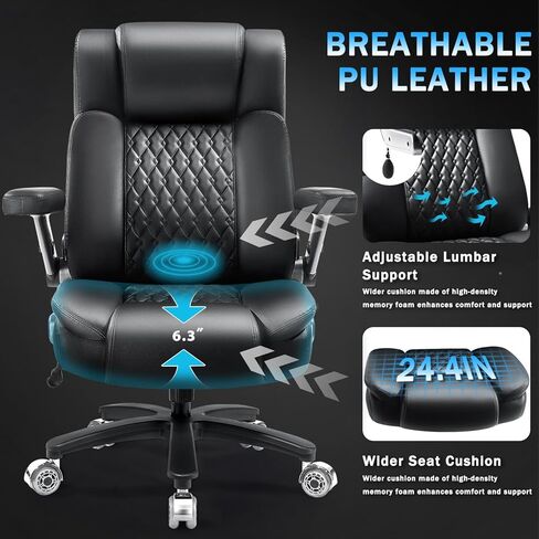 كرسي مكتب كبير وطويل بوزن 600 رطل بأذرع قلابة 5D، كراسي مكتب جلدية تنفيذية شديدة التحمل، كرسي مكتب مريح باللون الأسود مع دعم قطني قابل للتعديل ووسادة زنبركية للجيب، عجلة مطاطية مزدوجة in Kuwait