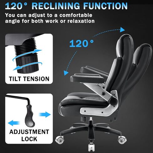 كرسي مكتب كبير وطويل بوزن 600 رطل بأذرع قلابة 5D، كراسي مكتب جلدية تنفيذية شديدة التحمل، كرسي مكتب مريح باللون الأسود مع دعم قطني قابل للتعديل ووسادة زنبركية للجيب، عجلة مطاطية مزدوجة in Kuwait
