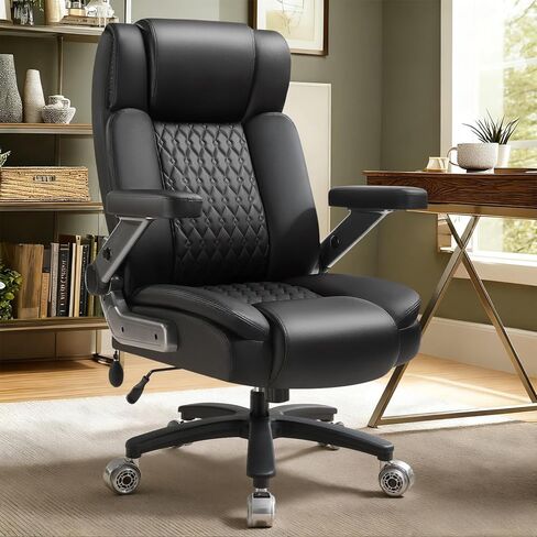 كرسي مكتب كبير وطويل بوزن 600 رطل بأذرع قلابة 5D، كراسي مكتب جلدية تنفيذية شديدة التحمل، كرسي مكتب مريح باللون الأسود مع دعم قطني قابل للتعديل ووسادة زنبركية للجيب، عجلة مطاطية مزدوجة in Kuwait