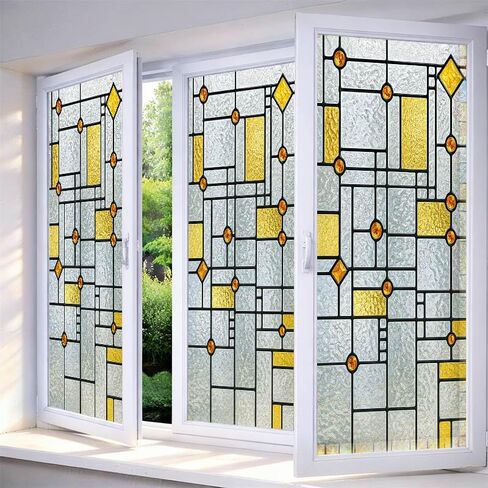 IVN Stained Glass Window Film Yellow Red Grid Geometric Design 17.7 x 39.3 Inch Privacy Window Film Static Cling Sun Blocking Decor Removable for Living Room Bathroom Home Privacy Glass Covering in Saudi Arabia