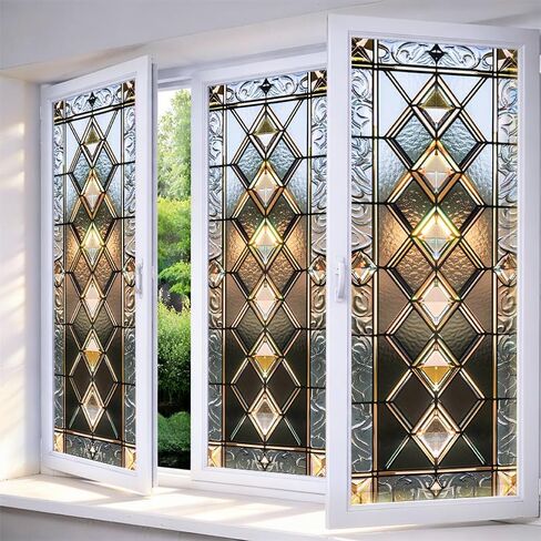 IVN Stained Glass Window Film Yellow Red Grid Geometric Design 17.7 x 39.3 Inch Privacy Window Film Static Cling Sun Blocking Decor Removable for Living Room Bathroom Home Privacy Glass Covering in Saudi Arabia