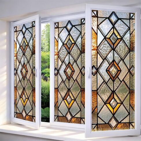 IVN Stained Glass Window Film Yellow Red Grid Geometric Design 17.7 x 39.3 Inch Privacy Window Film Static Cling Sun Blocking Decor Removable for Living Room Bathroom Home Privacy Glass Covering in Saudi Arabia