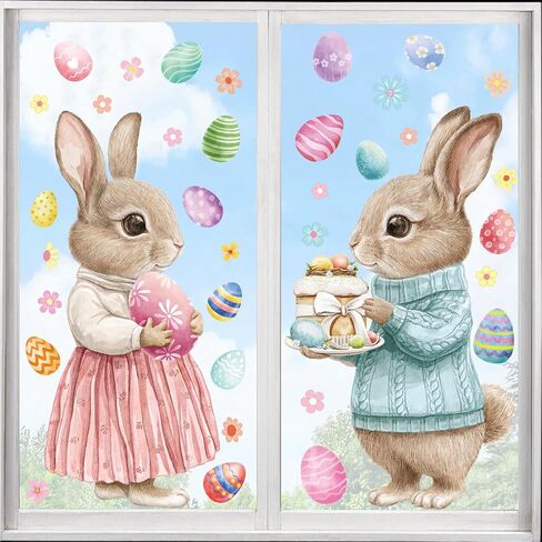 Easter Window Clings Decorations, Large Cute Bunny Spring Easter Window Decals for Kids Home Office School Glass Doors Storefronts, Double Sided Pastel Brown Pink Blue Rabbit Egg Stickers in Kuwait