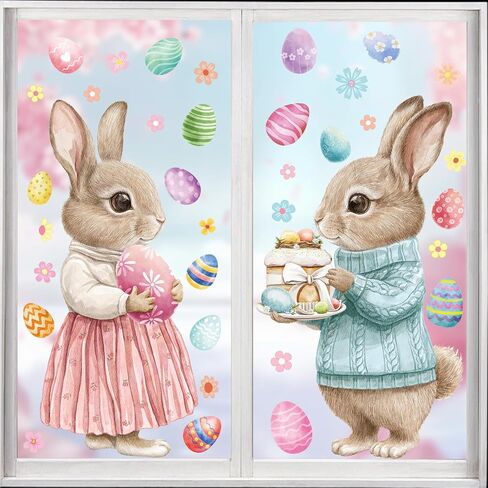 Easter Window Clings Decorations, Large Cute Bunny Spring Easter Window Decals for Kids Home Office School Glass Doors Storefronts, Double Sided Pastel Brown Pink Blue Rabbit Egg Stickers in Kuwait