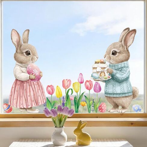 Easter Window Clings Decorations, Large Cute Bunny Spring Easter Window Decals for Kids Home Office School Glass Doors Storefronts, Double Sided Pastel Brown Pink Blue Rabbit Egg Stickers in Kuwait