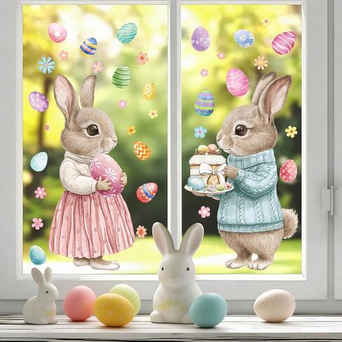 Easter Window Clings Decorations, Large Cute Bunny Spring Easter Window Decals for Kids Home Office School Glass Doors Storefronts, Double Sided Pastel Brown Pink Blue Rabbit Egg Stickers in Kuwait