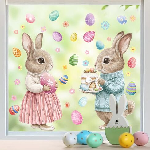 Easter Window Clings Decorations, Large Cute Bunny Spring Easter Window Decals for Kids Home Office School Glass Doors Storefronts, Double Sided Pastel Brown Pink Blue Rabbit Egg Stickers in Kuwait