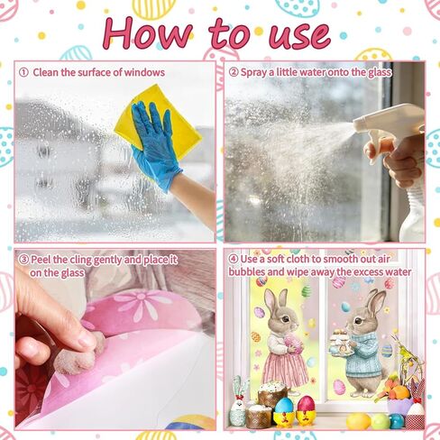 Easter Window Clings Decorations, Large Cute Bunny Spring Easter Window Decals for Kids Home Office School Glass Doors Storefronts, Double Sided Pastel Brown Pink Blue Rabbit Egg Stickers in Kuwait