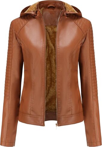 YMING Women's Faux Leather Jacket Removable Hood Front Zip Pockets Jacket Coat Motorcycle Plus Size Jacket With Pocket in Saudi Arabia