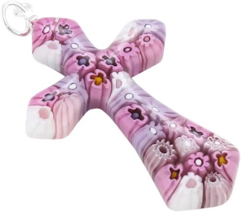 Glass Of Venice Murano Glass Tender Pink Millefiori Elegant Cross Pendant in Saudi Arabia