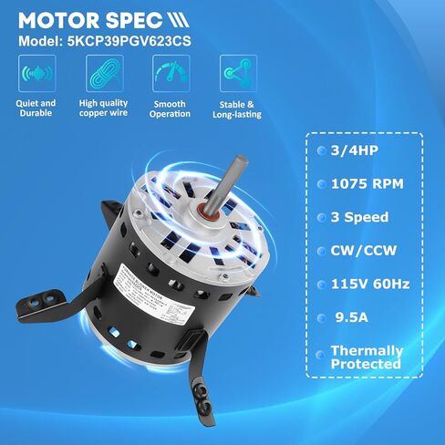 محرك مروحة منفاخ بديل 5KCP39PGV623CS 3/4HP 1075 دورة في الدقيقة 115 فولت 9.5 أمبير، متوافق مع فرن كاريير براينت باين ومحرك GE Genteq in Kuwait