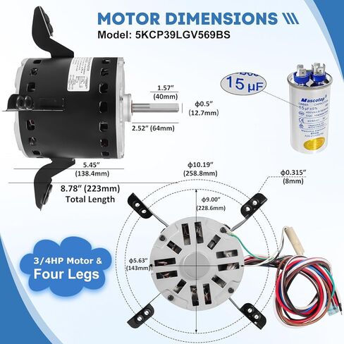محرك مروحة منفاخ بديل 5KCP39PGV623CS 3/4HP 1075 دورة في الدقيقة 115 فولت 9.5 أمبير، متوافق مع فرن كاريير براينت باين ومحرك GE Genteq in Kuwait