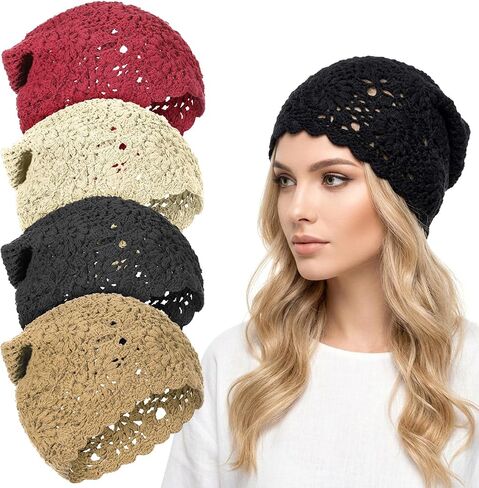 4 PCS Crochet Beanie for Women, Slouchy Beanies for Women Casual Handmade Crochet Hat Lightweight Hollow Design Knitted Hat Spring and Autumn Style One Size-4 Colors in Saudi Arabia