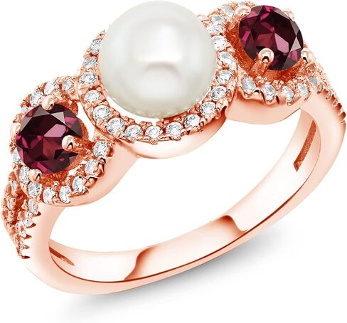 Gem Stone King Cultured Freshwater Pearl and Gemstone Birthstone Ring for Women in 18K Rose Gold Plated Silver | Round 4MM | Available In Size 5, 6, 7, 8, 9 in Saudi Arabia