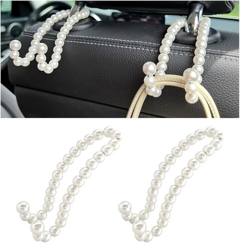 2PCS Elegant Pearl Car Seat Headrest Hook, Cute Back Seat Storage Hanger Dainty Purse Holder, Universal Headrest Pearl Hook Exquisite Auto Interior Decor for Women Girls in Kuwait