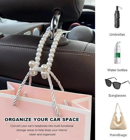 2PCS Elegant Pearl Car Seat Headrest Hook, Cute Back Seat Storage Hanger Dainty Purse Holder, Universal Headrest Pearl Hook Exquisite Auto Interior Decor for Women Girls in Kuwait