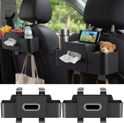 2 Pack Back Seat Car Organizer, Multifunctional Car Organizer Seat Back, with Tissue Box Holder, 2 Cup Holders & 2 Cup Hooks for Phone, Drinks, Toy, Snacks for Keeping Cars Tidy, Fits Most Vehicles in Kuwait