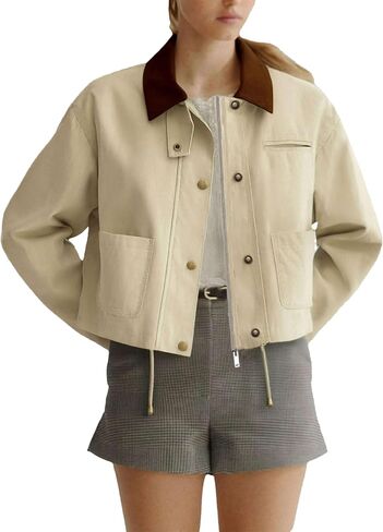 سترات نسائية مقصوصة بسحاب وياقة متباينة وأزرار غير رسمية سترات رياضية خارجية مع جيوب in Kuwait