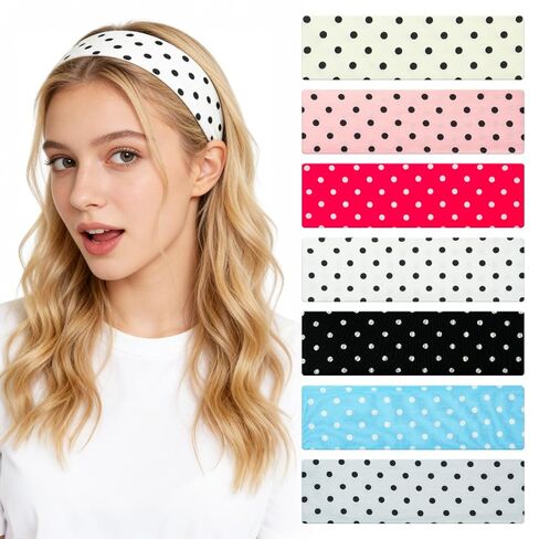 Polka Dot Headbands for Women, 7 Pack Wide Soft Stretchy Fabric Headbands, Cute Fashion Retro Hair Accessories for Daily Wear, Workout, Makeup, Cosplay in Saudi Arabia