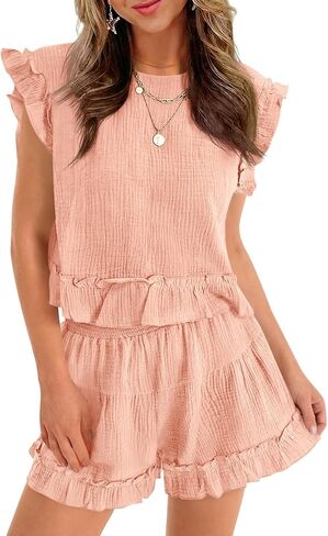 Cicy Bell Womens Summer 2 Piece Sets Ruffle Cap Sleeve Crewneck Cropped Tops Elastic Waist Shorts 2026 Lounge Outfits in Saudi Arabia