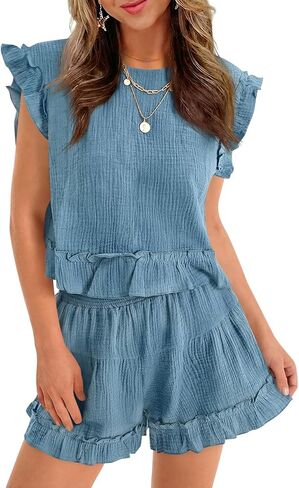 Cicy Bell Womens Summer 2 Piece Sets Ruffle Cap Sleeve Crewneck Cropped Tops Elastic Waist Shorts 2026 Lounge Outfits in Saudi Arabia