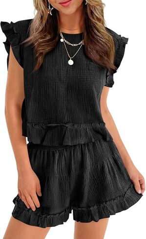 Cicy Bell Womens Summer 2 Piece Sets Ruffle Cap Sleeve Crewneck Cropped Tops Elastic Waist Shorts 2026 Lounge Outfits in Saudi Arabia