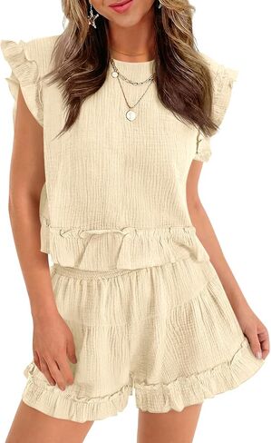 Cicy Bell Womens Summer 2 Piece Sets Ruffle Cap Sleeve Crewneck Cropped Tops Elastic Waist Shorts 2026 Lounge Outfits in Saudi Arabia