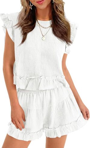 Cicy Bell Womens Summer 2 Piece Sets Ruffle Cap Sleeve Crewneck Cropped Tops Elastic Waist Shorts 2026 Lounge Outfits in Saudi Arabia