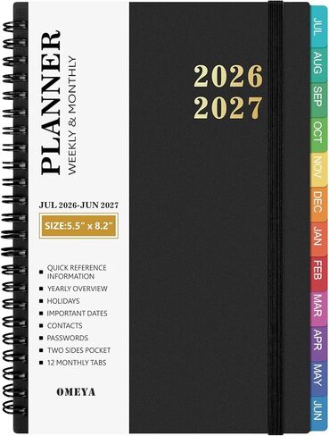 مخطط 2026-2027: 2026-2027 مخطط أكاديمي أسبوعي وشهري، يوليو 2026 - يونيو 2027، 5.5 بوصة × 8.2 بوصة، مخطط تقويم مع علامات تبويب شهرية، غطاء مرن، ورق سميك، جيب داخلي للوازم المكتبية المدرسية (أسود) in Kuwait