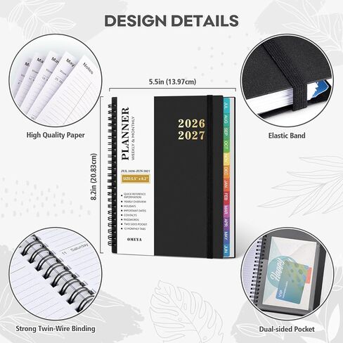 Planner 2026-2027: 2026-2027 Academic Planner Weekly and Monthly, Jul. 2026 - Jun. 2027, 5.5" x 8.2", Calendar Planner with Monthly Tabs, Flexible Cover, Thick Paper, Inner Pocket for School Office Supplies(Black) in Saudi Arabia
