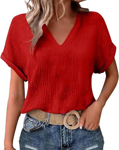 بلوزات نسائية صيفية من الشاش ذات نسيج مجعد ورقبة على شكل حرف V وأكمام قصيرة قمصان بلوفر بلون سادة ملابس تخييم للعمل in Kuwait