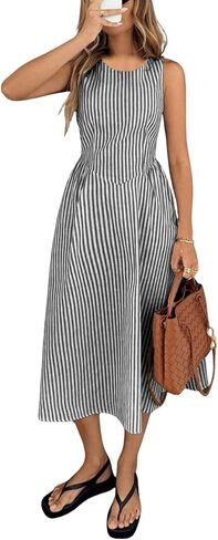 chouyatou Women's Sexy Sleeveless Striped Pleated Dress Drop Waist Flared Swing Midi Long Tank Sun Dress in Saudi Arabia