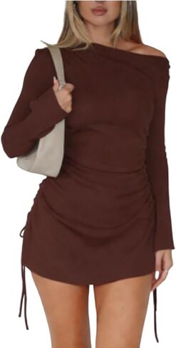 Women Fall Long Flared Sleeve Mini Dress One Off The Shoulder Side Split Drawstring Ruched Club Party Mini Dress in Saudi Arabia