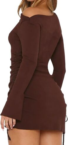 Women Fall Long Flared Sleeve Mini Dress One Off The Shoulder Side Split Drawstring Ruched Club Party Mini Dress in Saudi Arabia