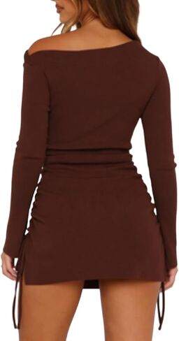 Women Fall Long Flared Sleeve Mini Dress One Off The Shoulder Side Split Drawstring Ruched Club Party Mini Dress in Saudi Arabia
