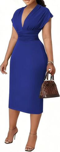 فستان نسائي متوسط ​​الطول ضيق بفتحة رقبة على شكل حرف V وأكمام قصيرة مكشكشة وخصر مرتفع، فساتين قابلة للتمدد للتاريخ والحفلات والعمل - أزرق ملكي-L in Kuwait