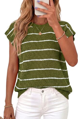 PRETTYGARDEN Womens Summer Short Sleeve Tops 2026 Trendy Crew Neck Striped Knit Sweater Business Casual Spring Clothes in Saudi Arabia