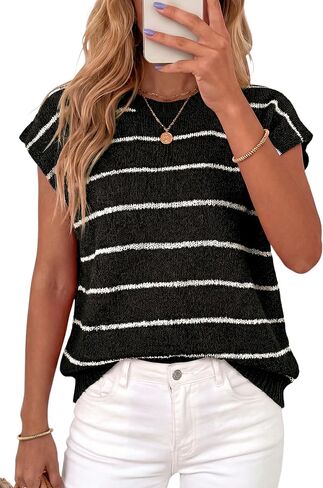 PRETTYGARDEN Womens Summer Short Sleeve Tops 2026 Trendy Crew Neck Striped Knit Sweater Business Casual Spring Clothes in Saudi Arabia