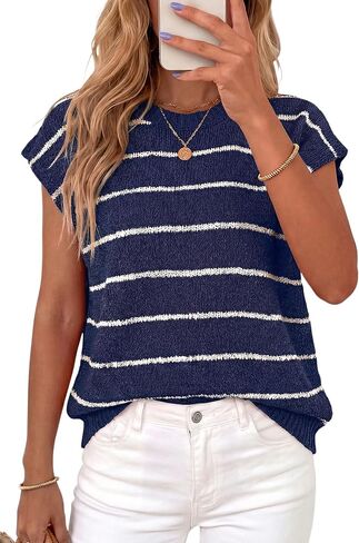 PRETTYGARDEN Womens Summer Short Sleeve Tops 2026 Trendy Crew Neck Striped Knit Sweater Business Casual Spring Clothes in Saudi Arabia