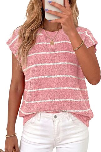 PRETTYGARDEN Womens Summer Short Sleeve Tops 2026 Trendy Crew Neck Striped Knit Sweater Business Casual Spring Clothes in Saudi Arabia