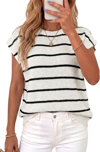 PRETTYGARDEN Womens Summer Short Sleeve Tops 2026 Trendy Crew Neck Striped Knit Sweater Business Casual Spring Clothes in Saudi Arabia