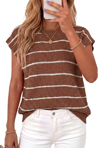 PRETTYGARDEN Womens Summer Short Sleeve Tops 2026 Trendy Crew Neck Striped Knit Sweater Business Casual Spring Clothes in Saudi Arabia