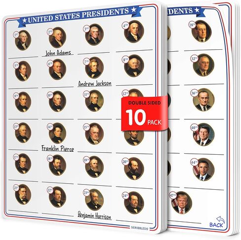 Scribbledo Dry Erase President Practice Sheets 11x14 Learning Boards Portraits & Numbered Outline Reusable U.S. Presidents Chart for Kids Classroom History Teaching Aid Homeschool Activity 10 Pack in Saudi Arabia