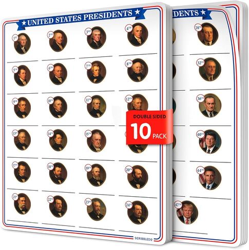 Scribbledo Dry Erase President Practice Sheets 11x14 Learning Boards Portraits & Numbered Outline Reusable U.S. Presidents Chart for Kids Classroom History Teaching Aid Homeschool Activity 10 Pack in Saudi Arabia