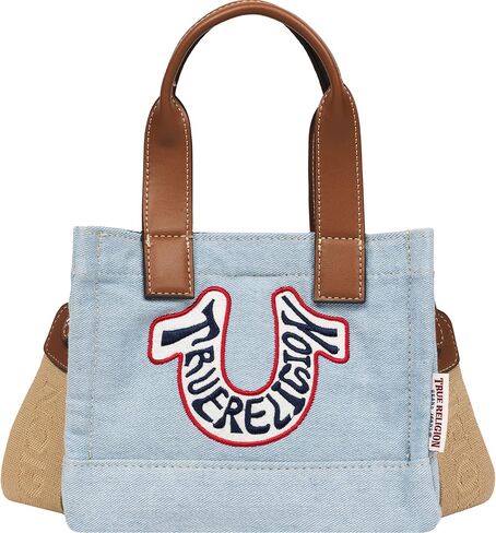 حقيبة يد صغيرة على شكل حدوة حصان من True Religion، شعار مطرز، حزام قابل للتعديل، أجزاء صلبة فضية، قماش دينم داكن in Saudi Arabia