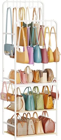 Large Tall Purse Organizer for Closet with 14 Purse Hanger, Double Rods Purse Rack Stand with 8 Side Hooks, 5-Tier Handbag Organizer Shelf, Space-Saving Purse Storage Organizer for Small Place in Kuwait