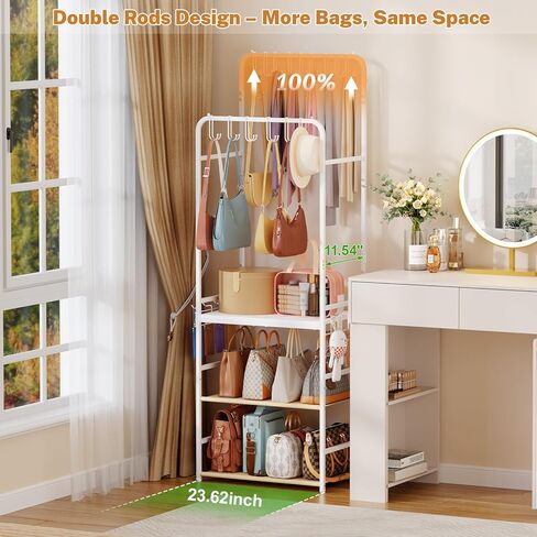 Large Tall Purse Organizer for Closet with 14 Purse Hanger, Double Rods Purse Rack Stand with 8 Side Hooks, 5-Tier Handbag Organizer Shelf, Space-Saving Purse Storage Organizer for Small Place in Kuwait