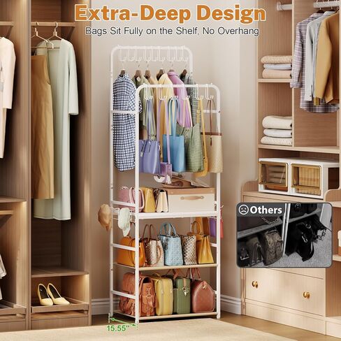 Large Tall Purse Organizer for Closet with 14 Purse Hanger, Double Rods Purse Rack Stand with 8 Side Hooks, 5-Tier Handbag Organizer Shelf, Space-Saving Purse Storage Organizer for Small Place in Kuwait